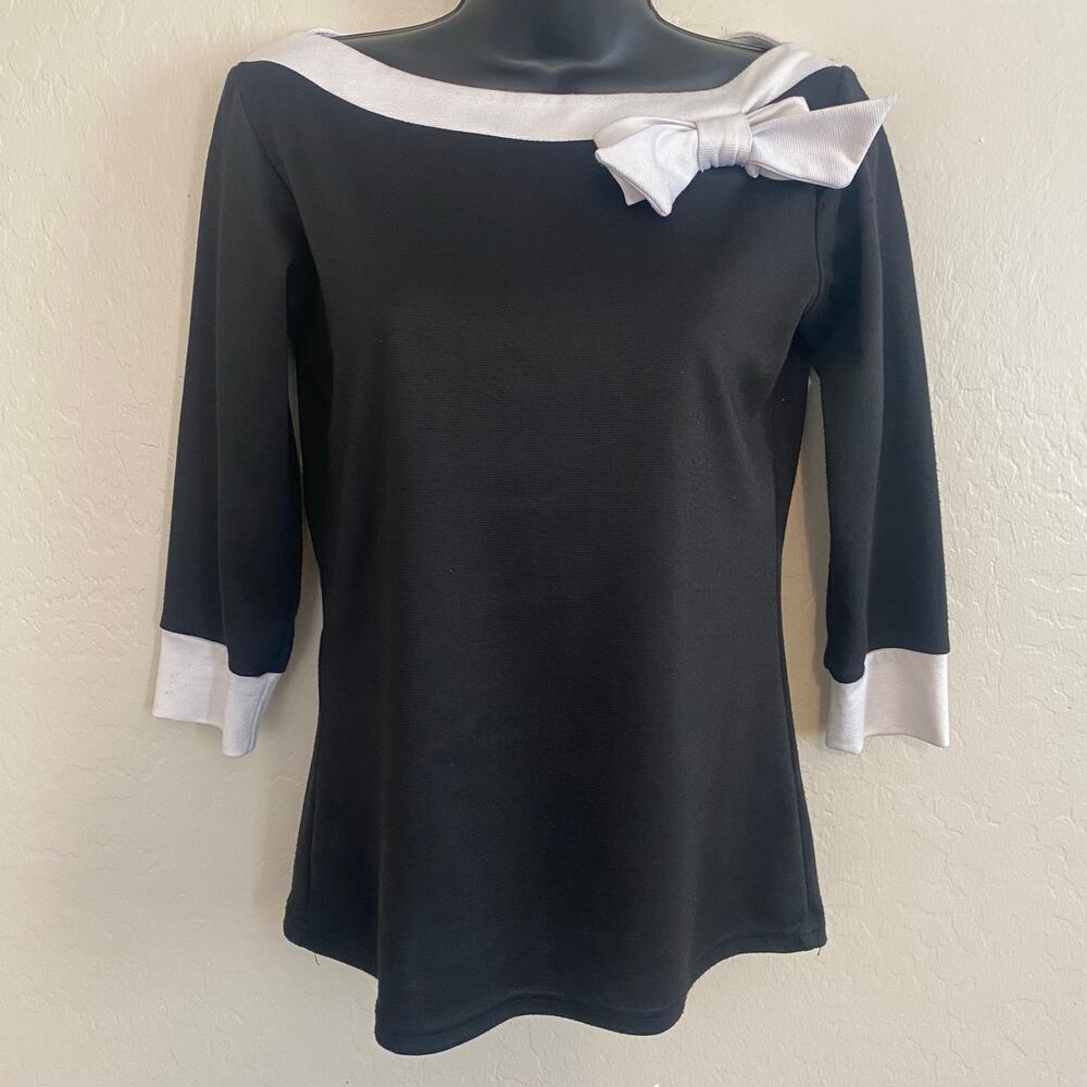Rock Steady Womens Size Medium Monochrome Top Boat Neck Bow Tie Retro Pinup